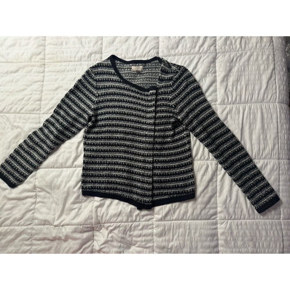 LOFT Sweater Jacket Zipper Knit Women's Large Black White Ann Taylor Office